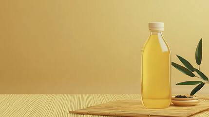 Japanese iced tea bottle mockup on tatami with bamboo and leaves for proje