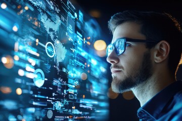 A man wearing glasses intently analyzes digital data and futuristic graphics displayed on a transparent screen in a high-tech environment.