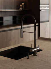 Close-up view of a modern style kitchen interior with dark facades and a faucet on a travertine kitchen island. 