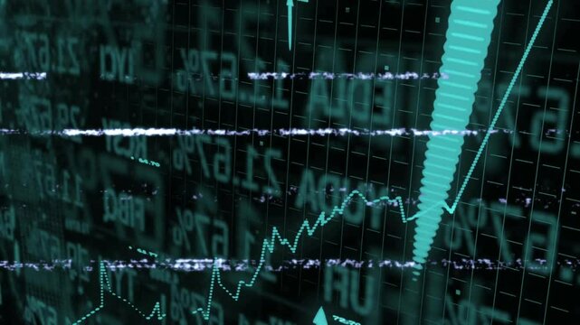 Launching grid, scrolling tickers, cyan line chart rising, arrows pulsing, glitching, showing gains - Powered by Adobe