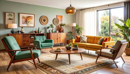 Fototapeta premium Boho Living Room Interior Design with Turquoise Sofa