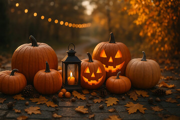 Fototapeta premium Halloween scene with pumpkins and lantern
