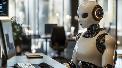Artificial Intelligence at Work: A futuristic android sits at a desk, immersed in its work, in a modern office setting, signifying the integration of AI in contemporary workspaces. 