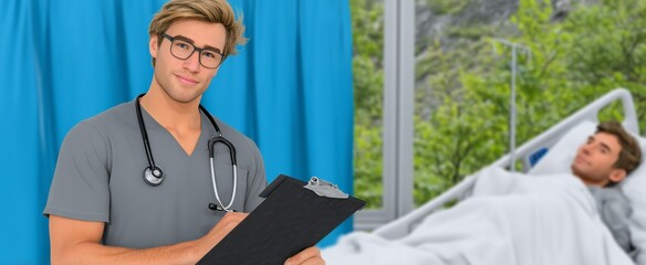 Doctor examines patient in hospital room