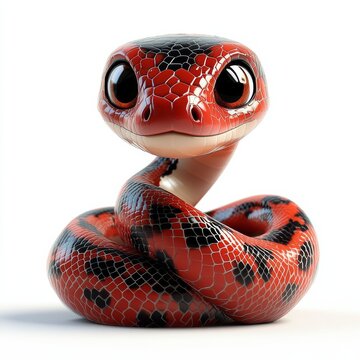 Cute Red Snake with Big Eyes on White Background: Adorable Snake Character Design with Intricate Red and Black Scale Pattern.