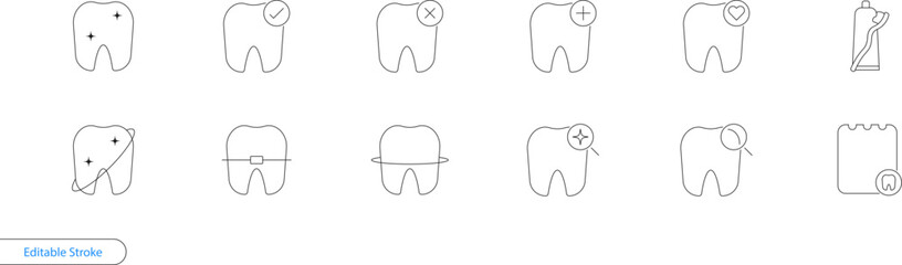 Tooth Icon Set with Editable Stroke Outline, Perfect for Dental Care Concepts. Isolated on Transparent Background, Vector Illustration