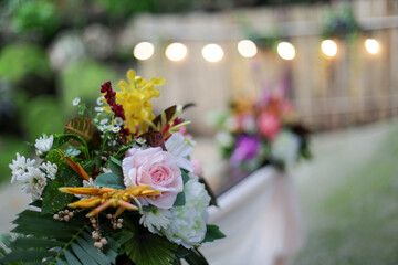 selective focus roses variety of flower bouquets in various colors, used as decorations for events, are beautiful and bright at events, with space for messages