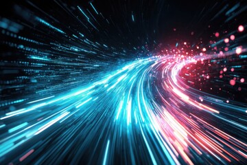 A dynamic digital tunnel of blue and red light streaks converging in a curved path, symbolizing fast data transfer or futuristic technology.