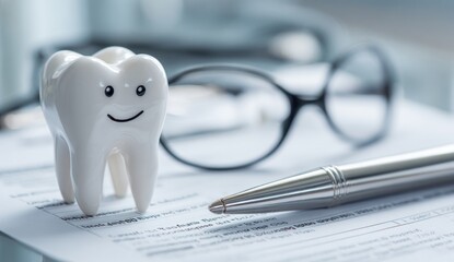 Dental model, paperwork, and glasses