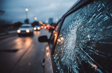 Car window shattered cityscape blurred in background wet road with lights reflected