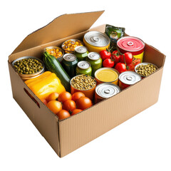 Assorted Fresh Produce and Canned Goods in a Cardboard Box for Healthy Meals and Food Security on transparent background