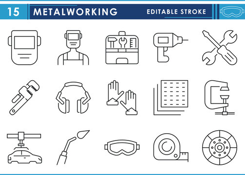 A set of line icons related to Metalworking. Metal, steel, working, industry, safety, drill, gloves, tools, and so on. Vector editable stroke.