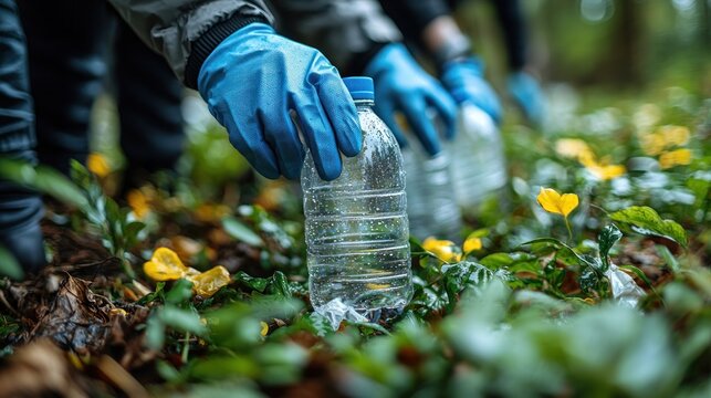 Volunteers picking up plastic bottles in a forest