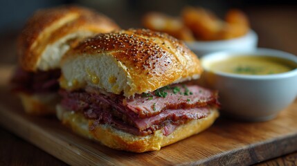 Montreal smoked meat sandwich on wooden board.
