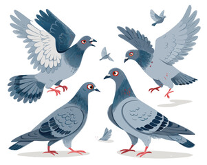 Illustration of various stylized pigeons in different poses and orientations. 