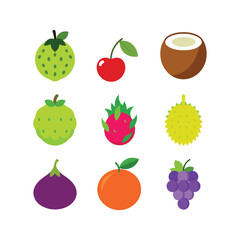 Vector art of assortment of various colorful fruits including guava cherry coconut dragonfruit durian eggplant orange and grapes isolated on white background