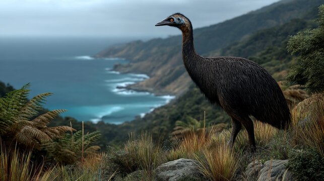 A giant 12-foot tall moa bird standing majestically on a hillside overlooking the New Zealand coastline