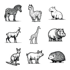 Different types of animal line art bundle vector illustration isolated on a white background