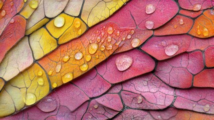 Fototapeta premium Colorful, textured leaf surface with water droplets