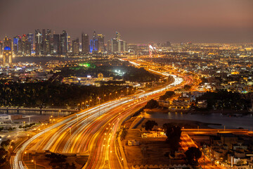 Doha, Qatar - January 10, 2025:  Aerial View of Doha Skyline from Lusail expressway  