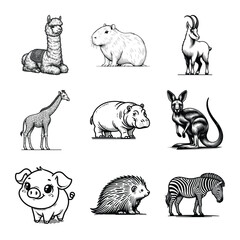 Different types of animal line art bundle vector illustration isolated on a white background