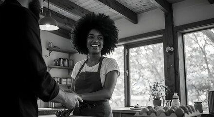 Happy barista smiling at customer in a cozy cafe shop small business owner