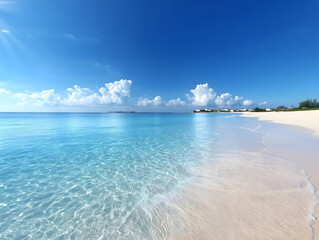 Fototapeta premium 白い砂浜と透明なエメラルドグリーンの海が広がる南国ビーチ風景