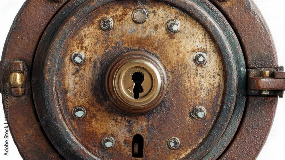 Poster A close-up view of a metal door's keyhole, perfect for use in scenes where security and locking mechanisms are important