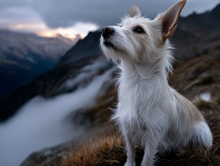 Dog atop mountain, gazing at sunset