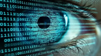 Close-up of an eye with digital binary code overlay, symbolizing technology and data processing - Powered by Adobe