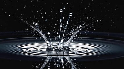 Capturing a high-speed liquid drop, this transparent water splash in motion against a black background reveals abstract ripples and clean, wet bubbles - Powered by Adobe