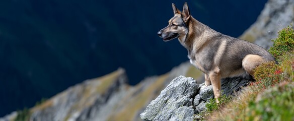 Dog atop mountain peak