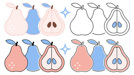 Cute Cartoon Pears Whole and Halved, Pink and Blue