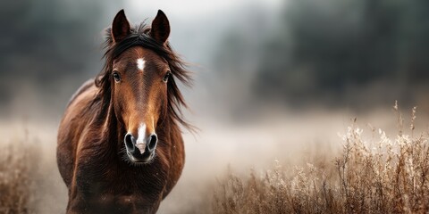 Majestic brown horse running in a misty field during early morning light