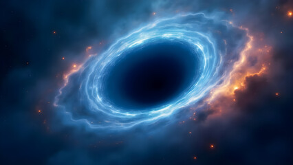 Naklejka premium Black Hole Consuming Cosmic Matter and Distorting Surrounding Space