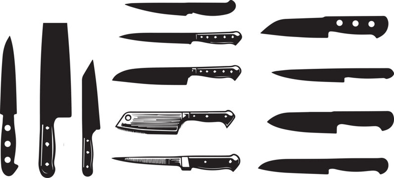Meat cutting knives set. Set of butcher meat knives vector. Restaurant or cafe kitchen slicing knives, chef stainless knife set vector