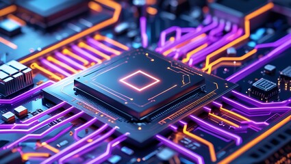 A close up of a computer chip with glowing orange and purple lines on a dark blue circuit board