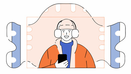 Smiling Person in Winter Outfit Using Smartphone