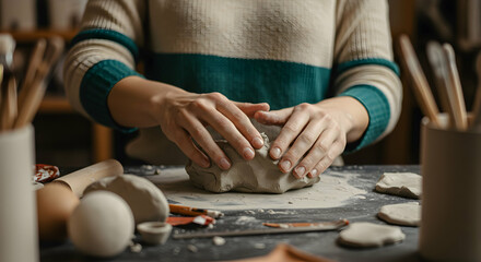 Obraz premium Woman hands shaping clay pottery art craft workshop studio handmade creation