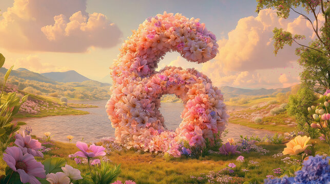 Lush Number Six Sculpture Crafted from Delicate Pink Blossoms in a Serene Spring Landscape