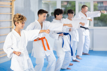 Willing junior boy wearing kimono training karate techniques in group during workout session