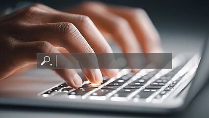 Hands typing on keyboard with search bar for SEO concept.
