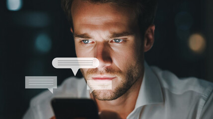Man looking smartphone screen with chat bubbles, social media concept.