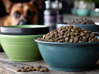 Dog food in bowls, various sizes and colors