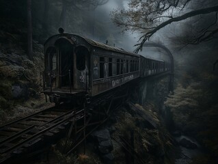 old, abandoned train on tracks surrounded by dense, dark forest. The scene is misty, adding to the sense of desolation and mystery.