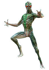 3D Rendering Green Alien on White