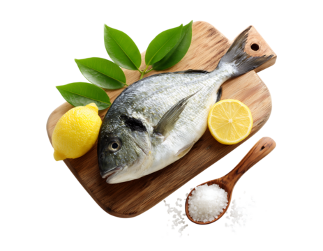 Freshly decorated whole fish on a wooden board with lemon and salt isolated on a transparent background