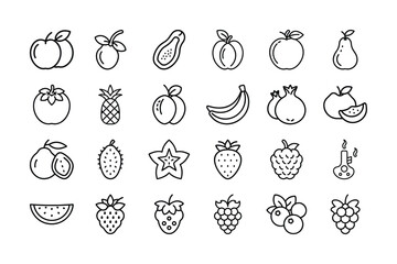Collection of Various Fruit and Food Icons in Simple Line Art Style