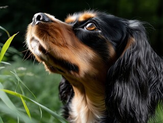 Dog gazing upwards in lush green