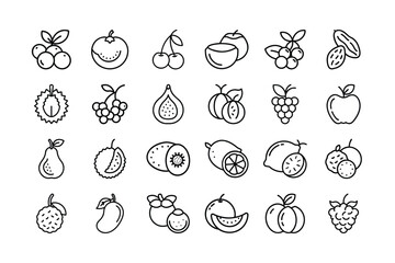 Line art icon of various fruits on a white background